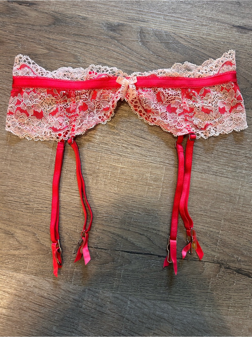 Victoria's Secret Garter Belt Womens XS Red Pink Lace Satin Bow 4 Straps